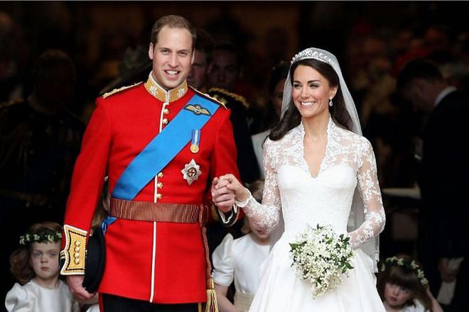 The world almost came to a grinding halt when the newly minted Duke and Duchess of Cambridge exchanged vows at Westminster Abbey on April 29, 2011. More than 134 million global TV viewers and YouTube streamers were glued to their screens as they watched Kate glide down the aisle as a commoner (albeit in a stunning hand-embroidered and appliquéd lace Alexander McQueen wedding dress, designed by Sarah Burton) and leave a fully fledged princess and future queen. It was a day full of the requisite pomp and ceremony—and a lot of tears. There wasn’t a dry eye in the room (including the bride herself) at the Buckingham Palace evening reception after Prince Harry shared in a speech that the couple’s decade-long romance was his inspiration.

Photo: Chris Jackson / Getty